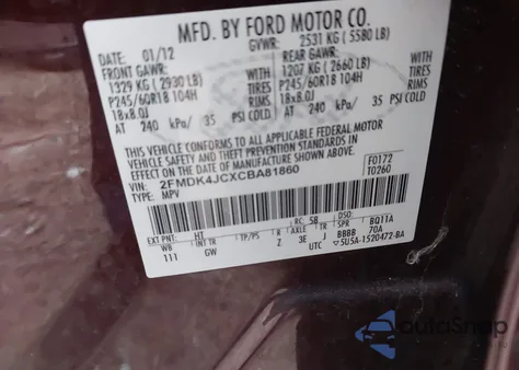 2012 Ford Edge Sel z USA, uszkodzony, nr VIN 2FMDK4JCXCBA81860